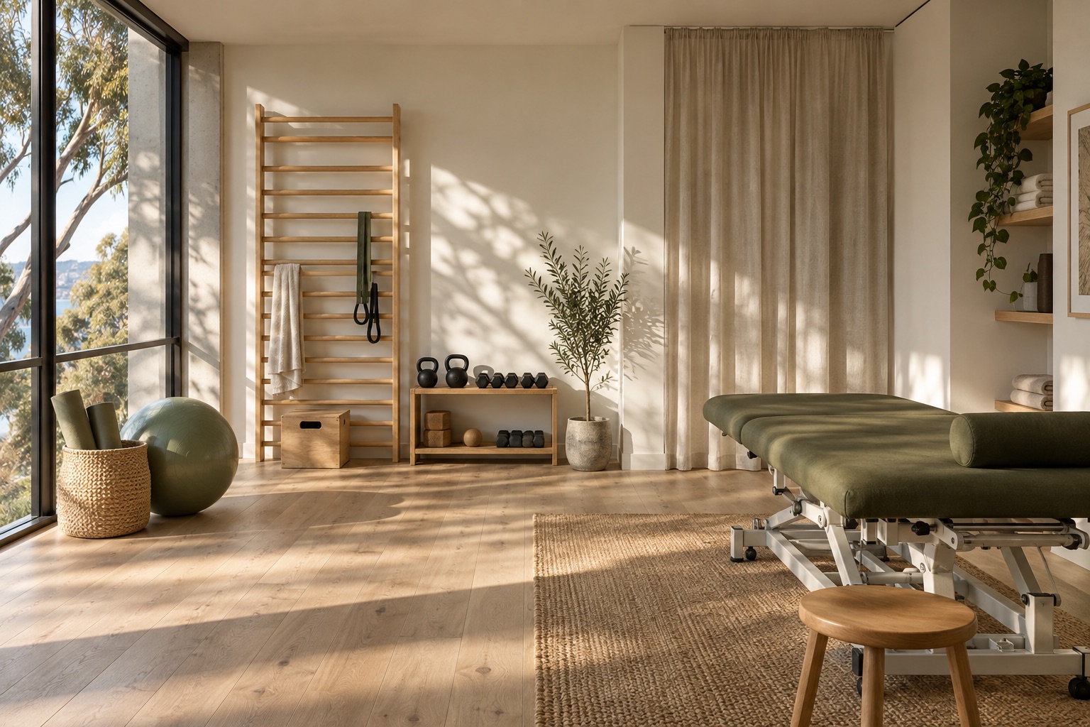 Generated imagery of a sunlit treatment room for the fictional Harbour Physio concept