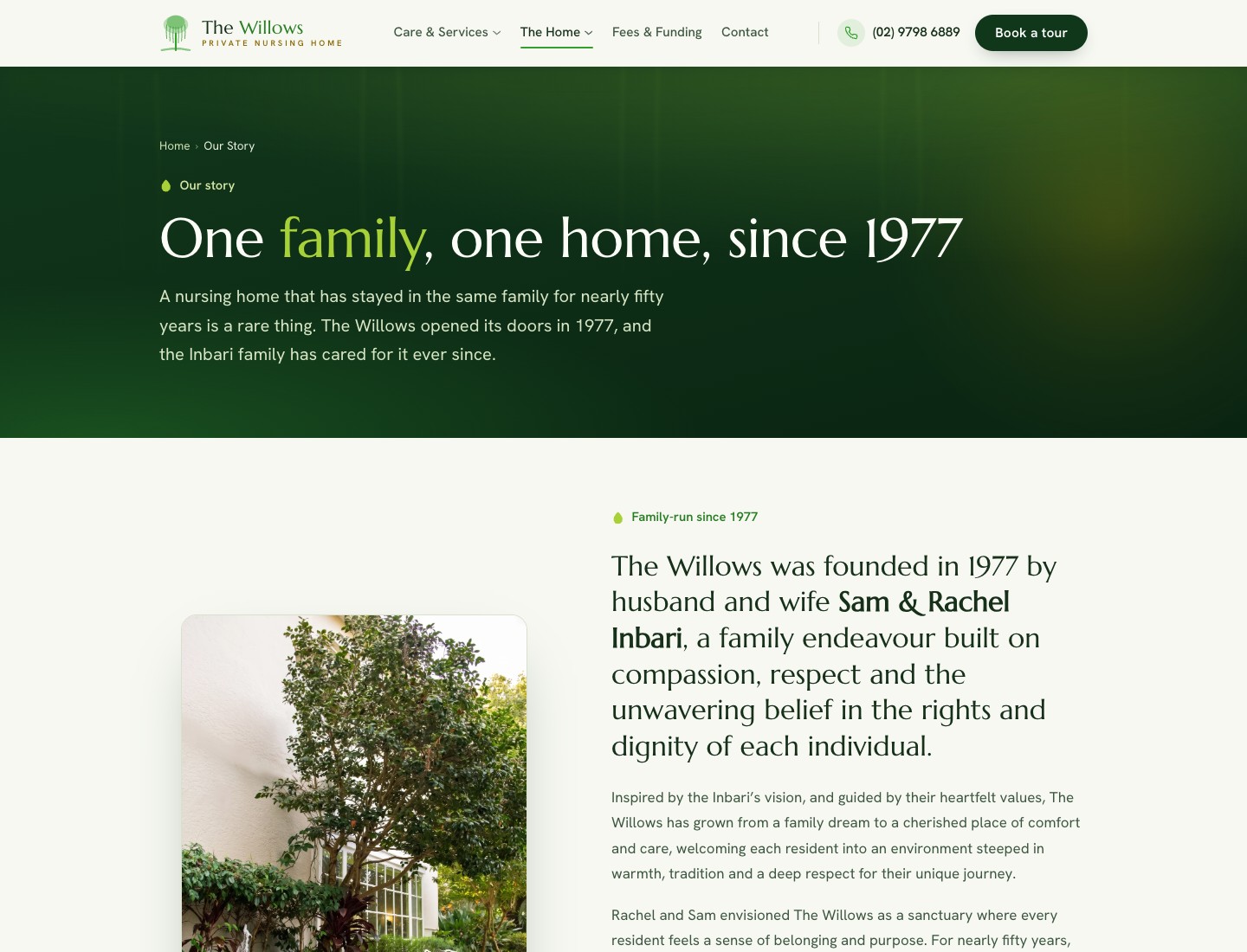 Our Story page: One family, one home, since 1977. The founding story of Sam and Rachel Inbari.