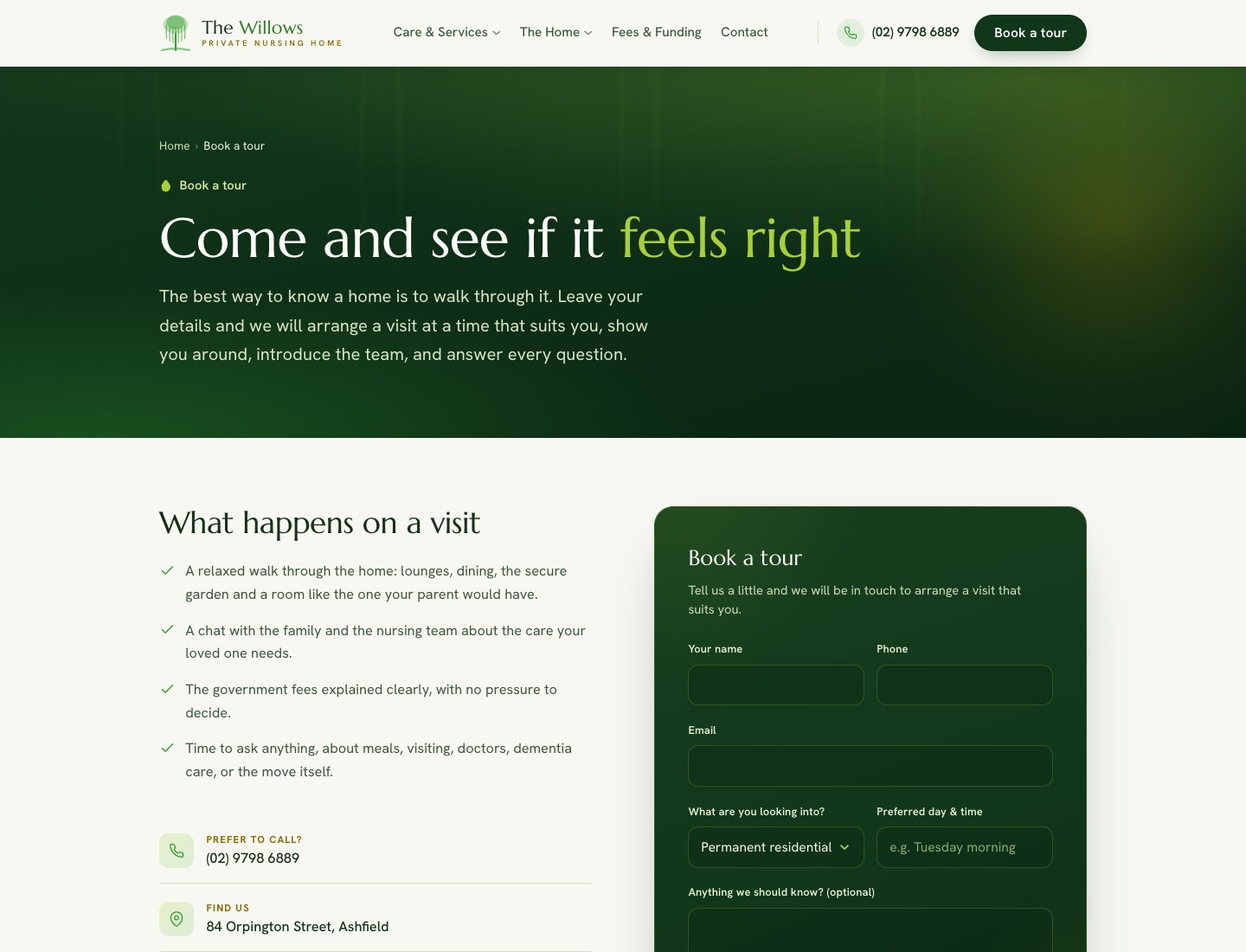 The Willows Book a Tour page: Come and see if it feels right. Visit checklist and booking form.