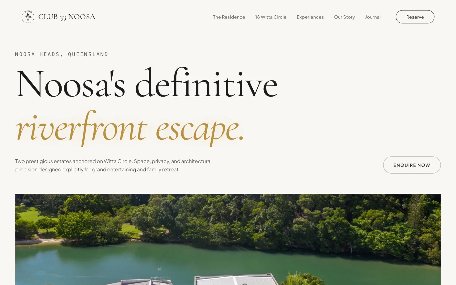 Club 33 Noosa homepage: spacious editorial site for a luxury riverfront residence