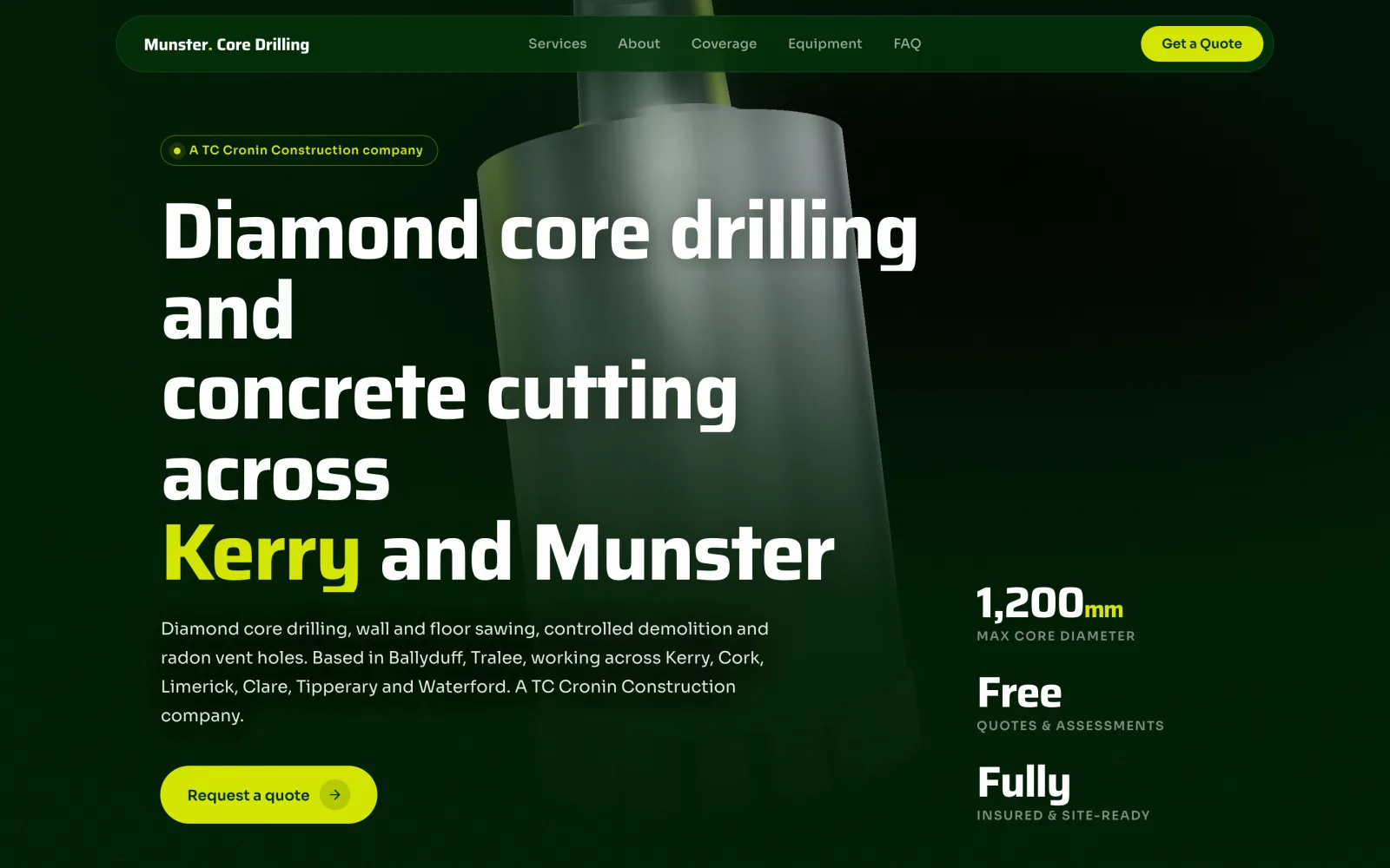 Munster Core Drilling homepage: industrial dark green site with acid yellow accents for an Irish drilling and concrete cutting company