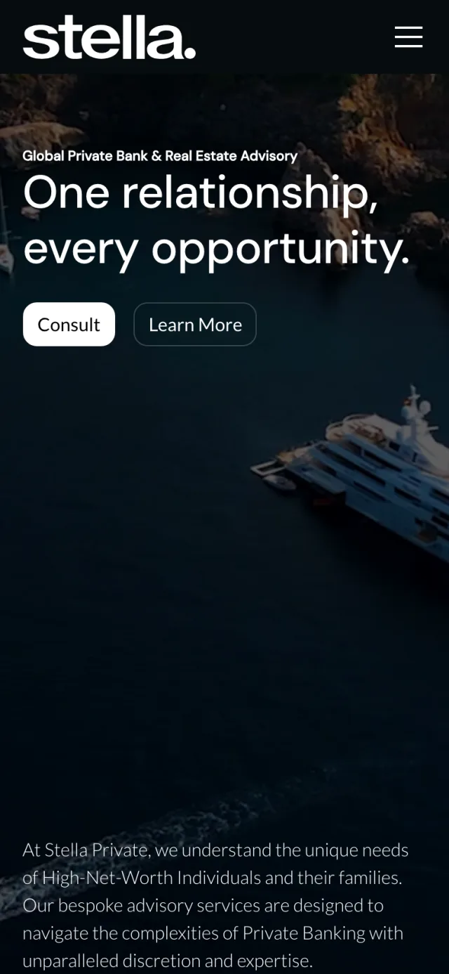 Stella Private site on a phone: dark private bank and real estate advisory