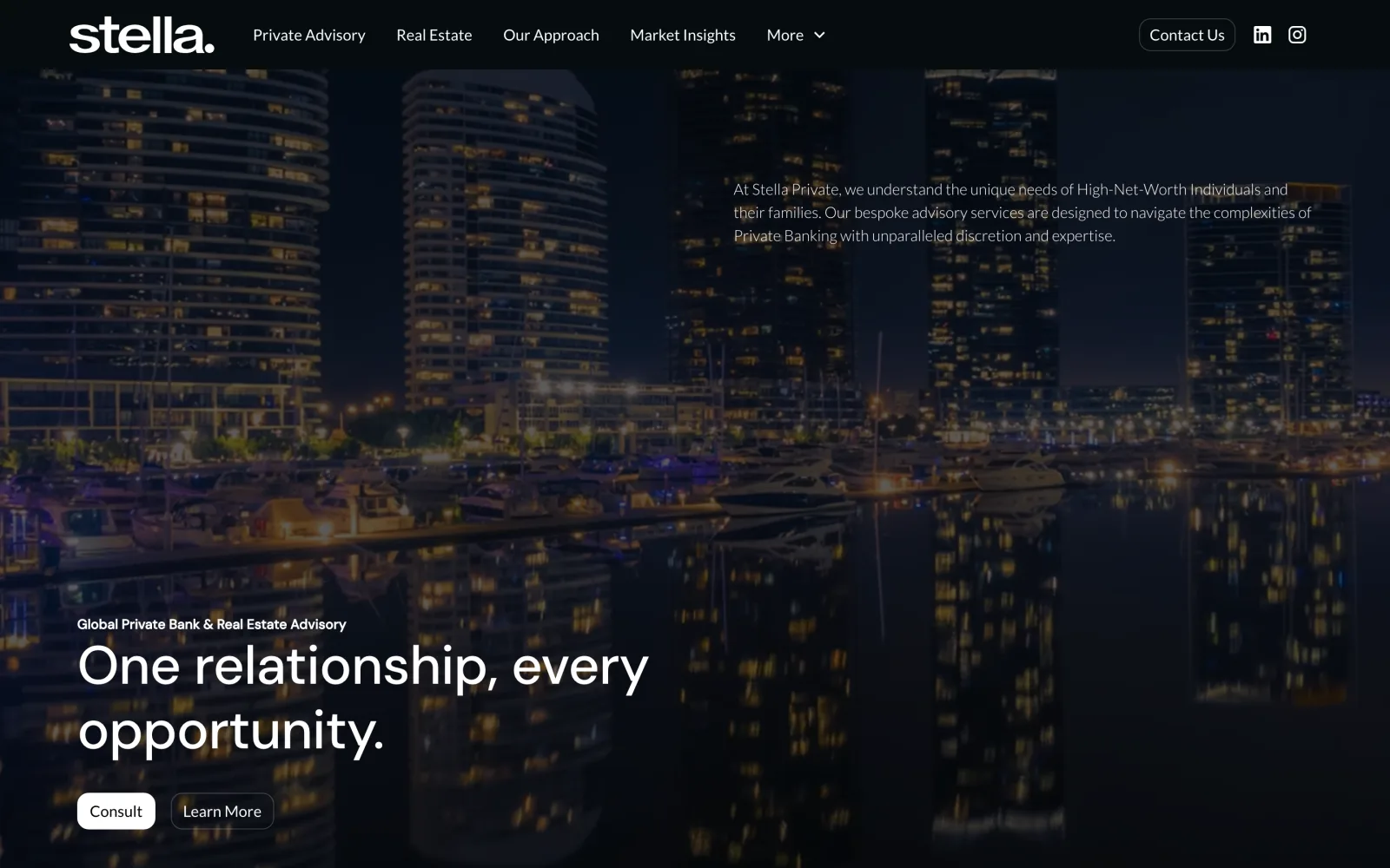 Stella Private homepage: dark editorial site for a private bank and property advisory