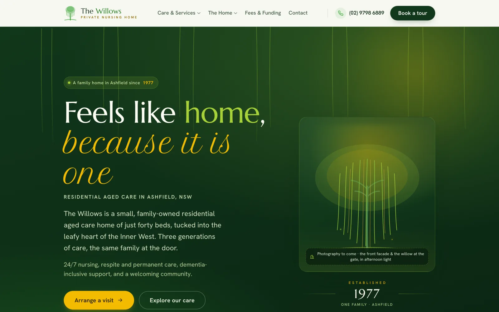 The Willows homepage: deep green site for a family-run private nursing home in Ashfield