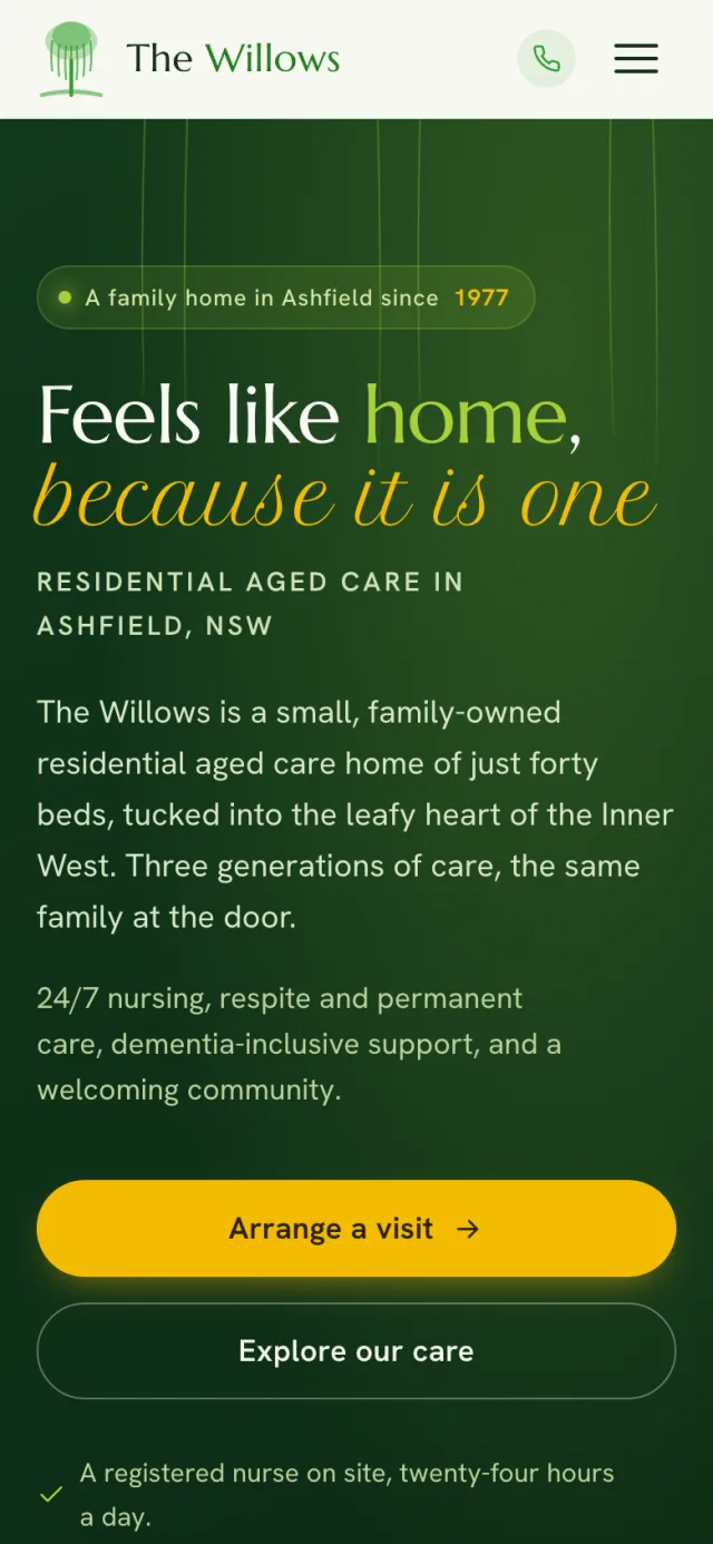 The Willows site on a phone: deep green family nursing home